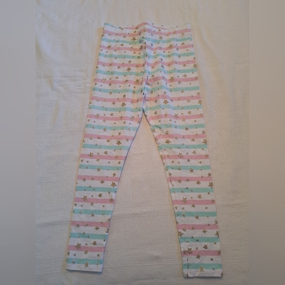 Cynthia Rowley girls size 7/8 white, pink & teal stripe, gold star leggings, New